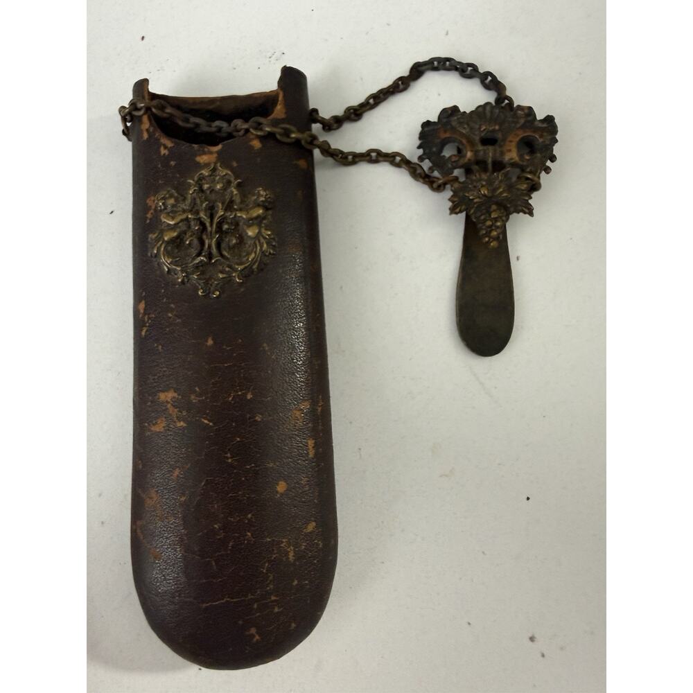 Antique Victorian Chatelaine Scissors Case Leather Sheath Ornate Brass